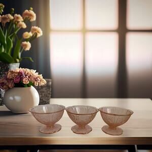 Westmoreland Jeanette Holiday Pink Button Sherbet Cups x3 Pink Depression Glass